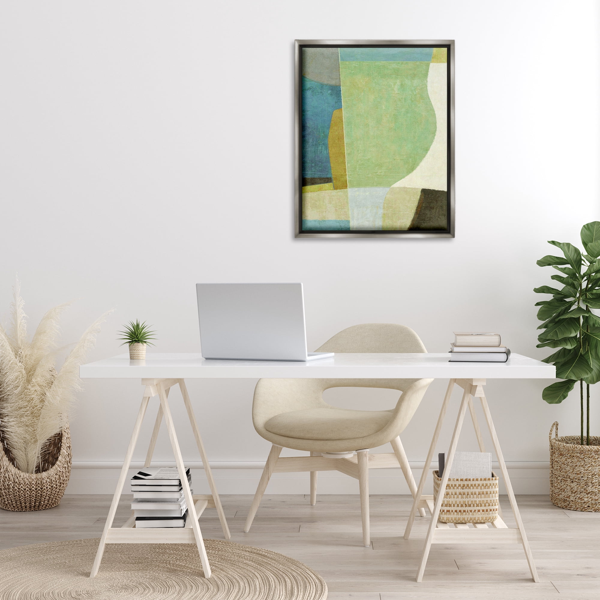 Stupell Industries Green Geometric Collage Abstract Painting Gray Floater Framed Canvas Art Print Wall Art, 25 x 31