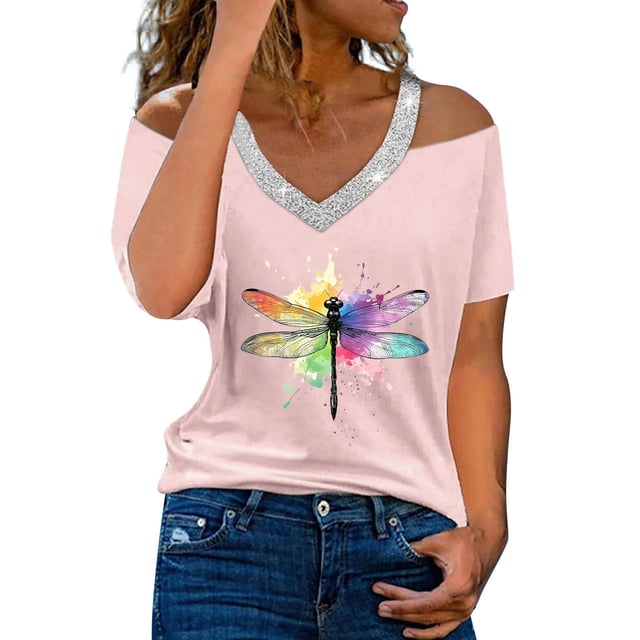 Camisetas Casuales para Mujeres Correa de Hombro de Verano Camiseta con Cuello en V, Manga Corta Top Ligero para el Hogar Y la Fiesta