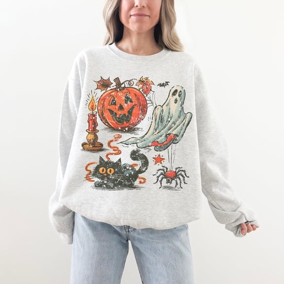 Yoofine Adult Vintage Halloween Pumpkin Ghost Cat Graphic Sweatshirt
