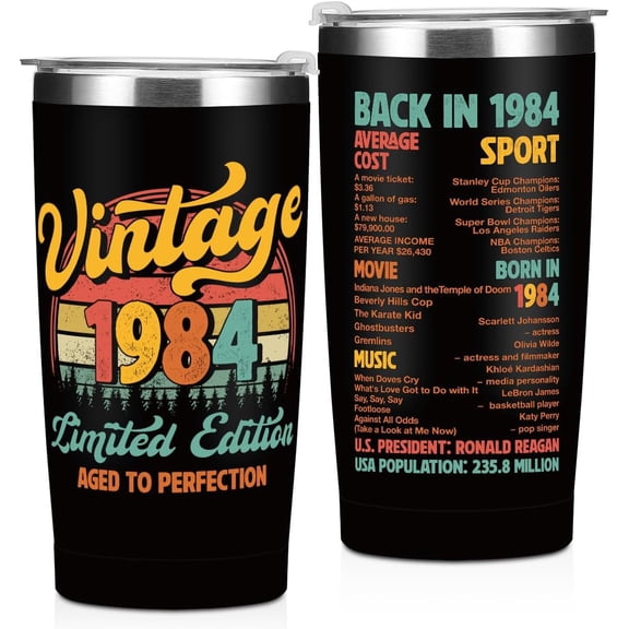40th Birthday Gifts Men, 40th Birthday Decorations Tumbler, 20 oz Stainless Steel Vacuum Insulated Coffee Mug, Gifts for 40 Year Old Man Friend, 1984 40th Birthday Travel Cup Black Drinking Cup