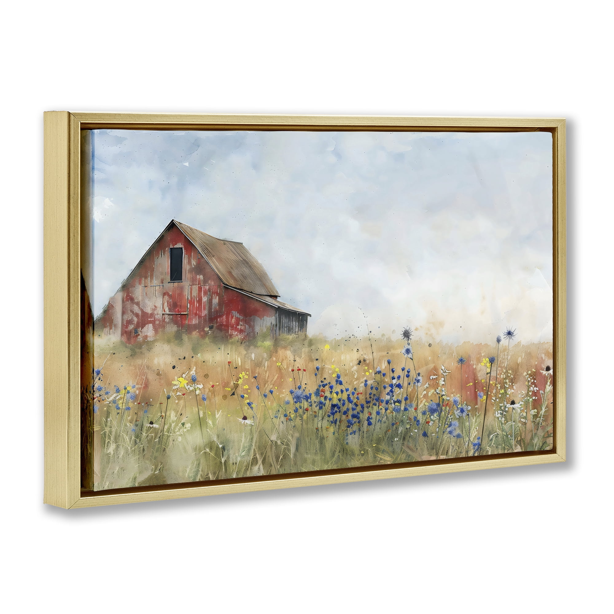 Stupell Industries Rustic Barn in Colorful Meadow Gold Framed Floater Canvas Wall Art, design by Creative Studio