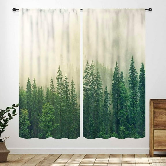 Green Forest Curtains,Misty Forest Nature Landscape Curtains Woodland Pine Tree Scene Mountain Window Drapes for Living Room Bedroom Bathroom 2 Panel,52X84 Inch