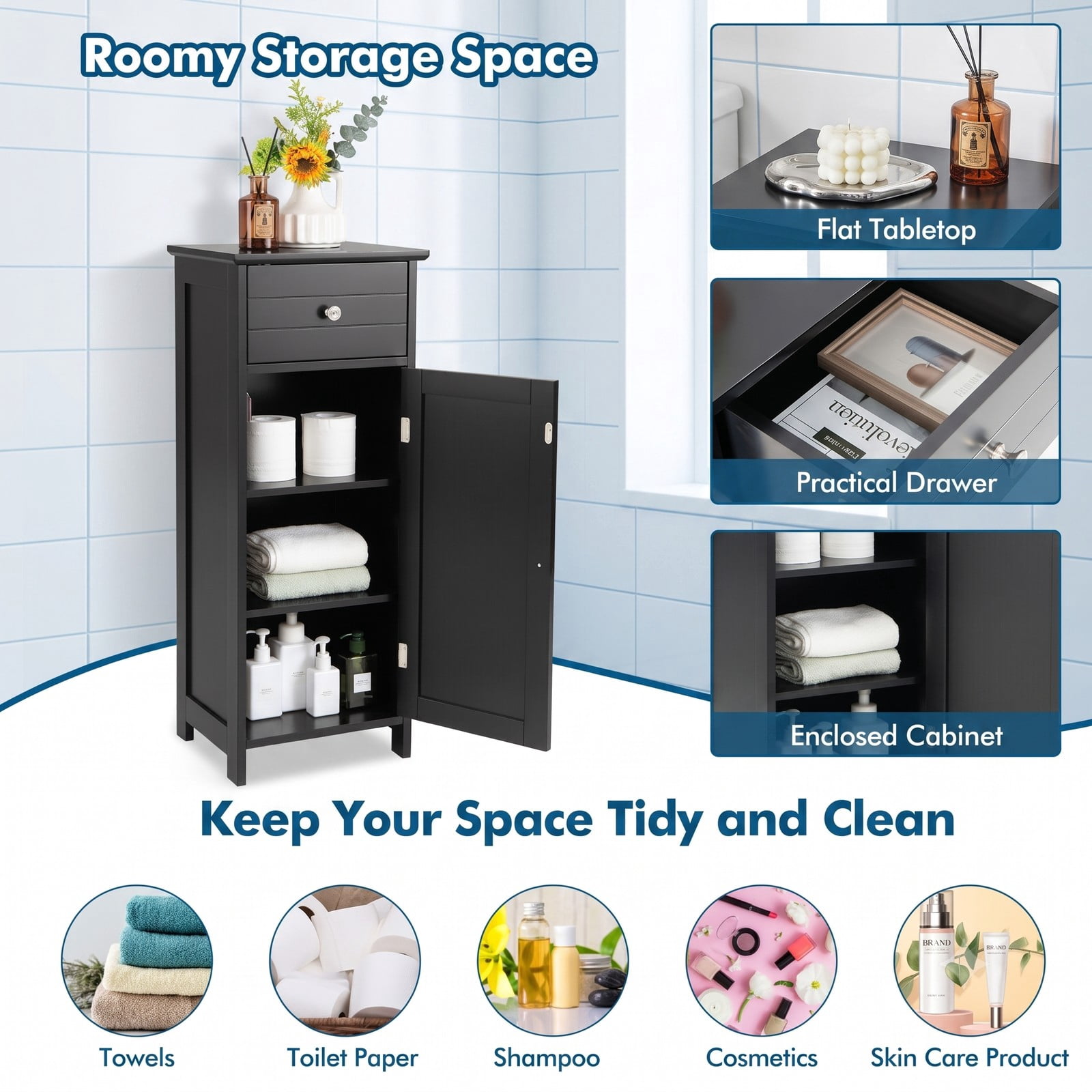 ALPULON Wooden Bathroom Floor Storage Cabinet with Drawer and Adjustable Shelf, Freestanding MDF Side Organizer for Bathroom Entryway Living Room, Black