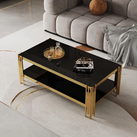 Top and Bottom Double Layer Tempered Glass Coffee Table with Gold and Silver Stainless Steel Frame and More Storage Space