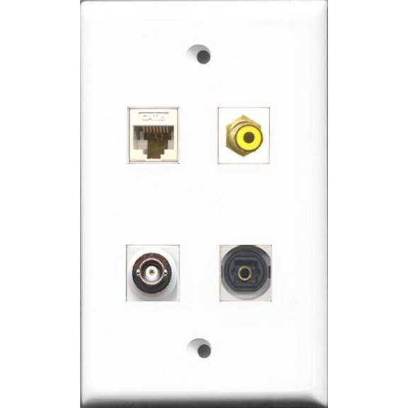 RiteAV 1 Port RCA Yellow and 1 Port Toslink and 1 Port BNC and 1 Port Cat6 Ethernet White Wall Plate