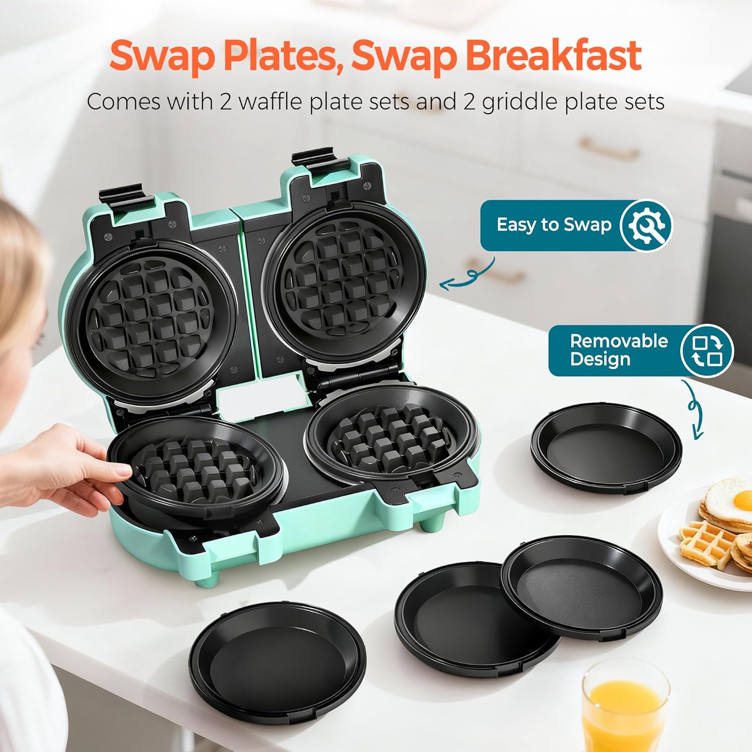 2-in-1 Double Waffle & Pancake Maker -  4" Nonstick Iron with Removable Plates for Small Spaces
