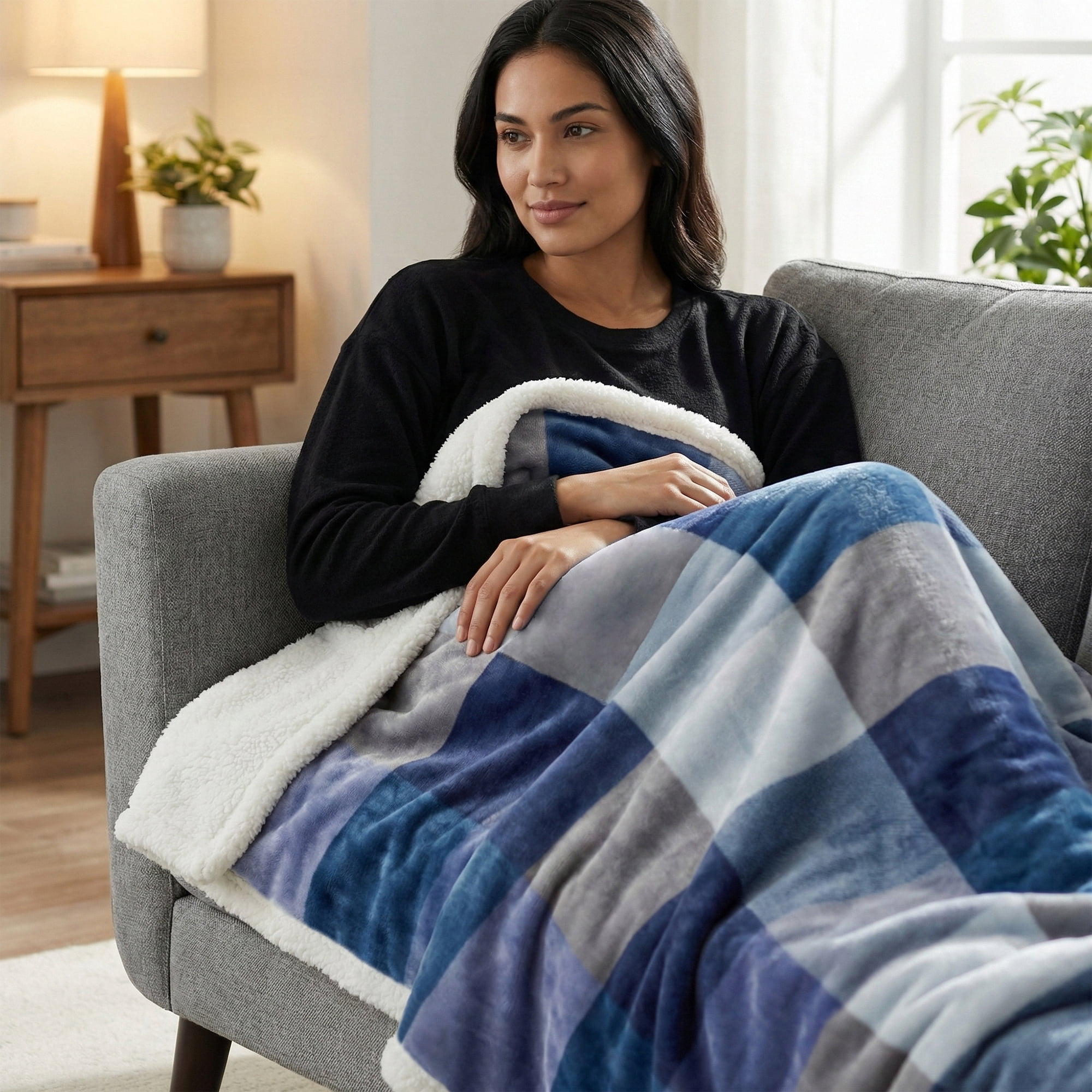 Americanflat 60x80 Oversized Plaid Fleece Throw Blanket - Reversible Sherpa Backing - Ultra Soft Plush Comfort - Cozy Warmth For Couch Or Bed - Blue
