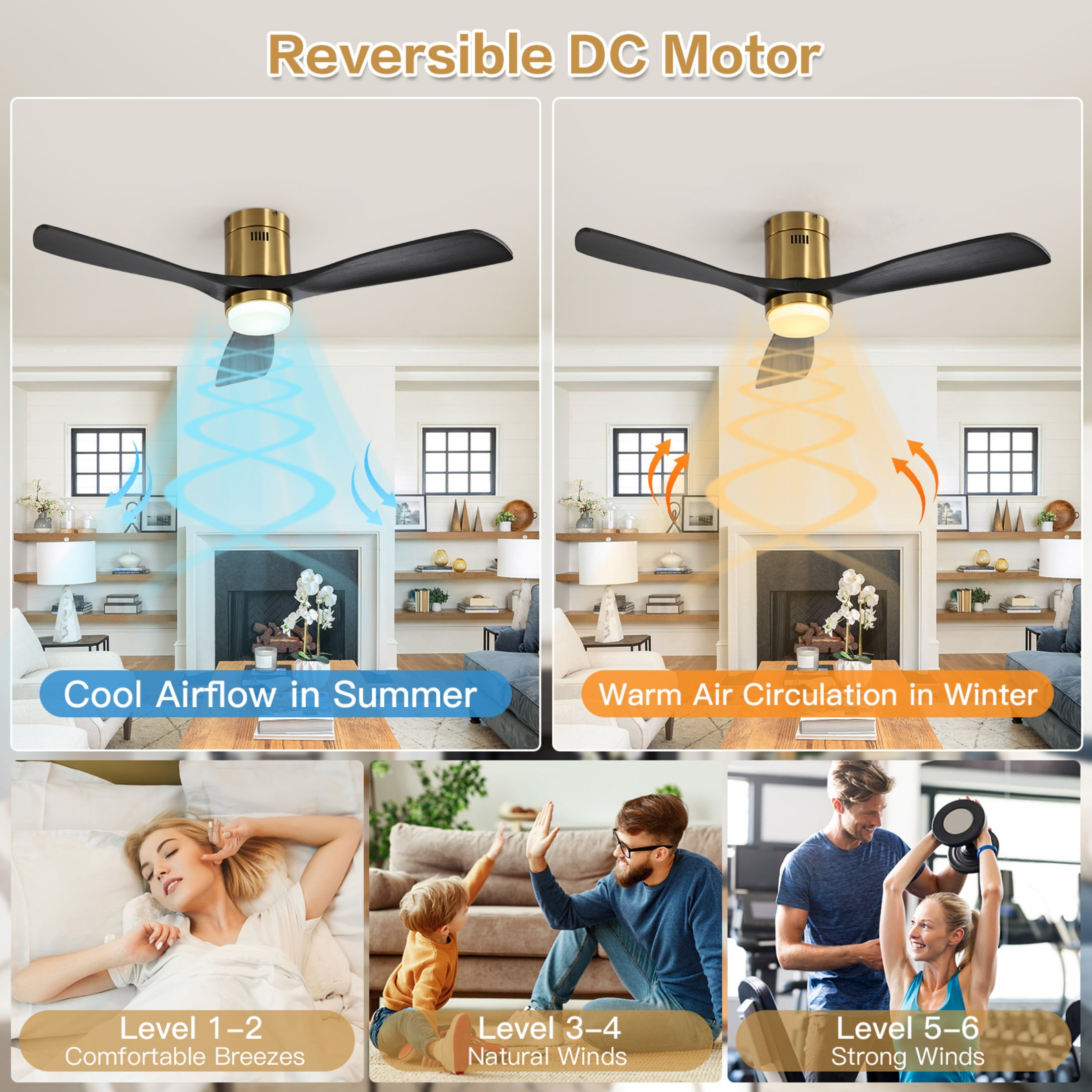 Sofucor 52" Flush Mount Smart Ceiling Fan with Lights, Solid Wood Matte Black and Gold Blades, Compatible with Alexa/Google/App, 3-Color Light 6-Speed Timing Reversible DC Motor