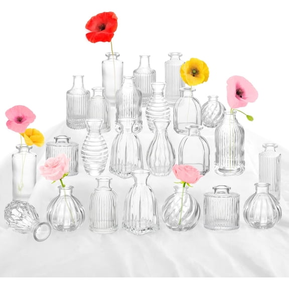 Bud Vases in Bulk 24, Small Glass Vase for Centerpieces, Vintage Decor, Mini Clear Single Flower Wedding Decor Rustic Decorative Christmas Set Home Table Decorations