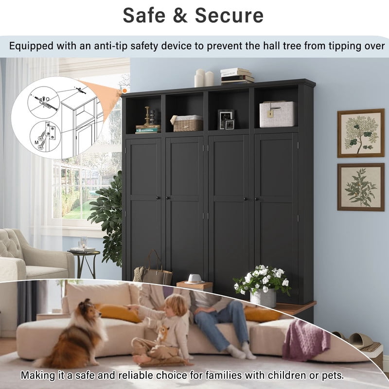 Farmhouse Hall Tree with Open Compartments, 4-in-1 Entryway Bench with Storage Cabinets, Modern Coat Rack with 4 Hooks for Hallway Entryway