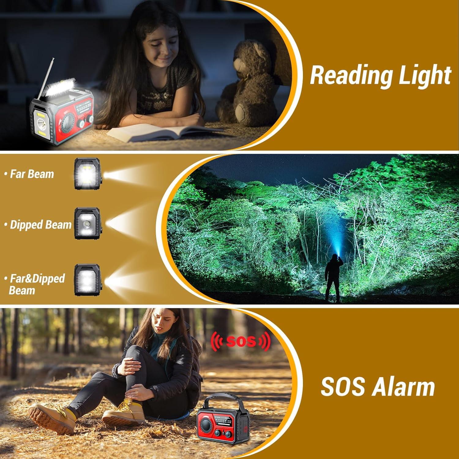 16000mAh Weather Radio, DOMNIU AM/FM/NOAA Weather Alert Radio, Hand Crank/Solar/Type-C Charging Radios, Emergency Radio with Reading Lamp, SOS Alarm, Flashlight, Power Bank (Red)