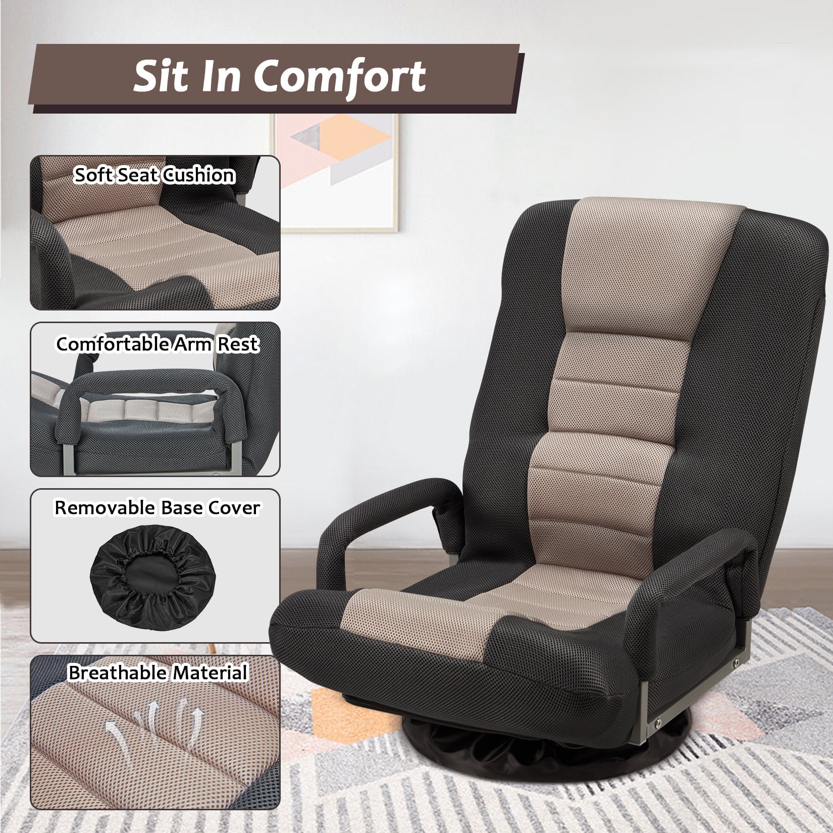 Avocahom Swivel Gaming Floor Chair w/ Armrest Handles, No Assembly gaming chair rocker, Folding Reclining Sofa w/6 Position Adjustable Backrest for Video Games, Watching TV, Reading,Gray