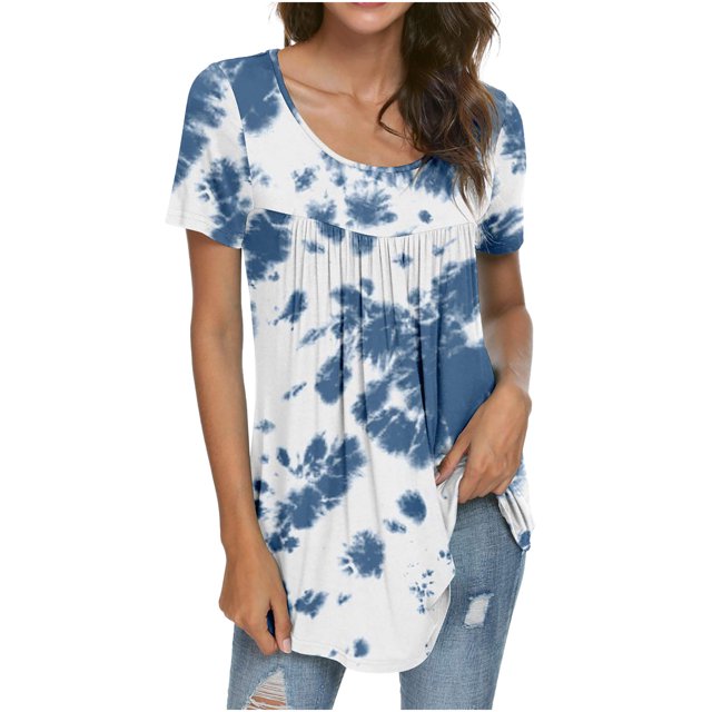 DPTALR Women Summer Short Sleeve Gradient Print Fold Casual Blouse Tops