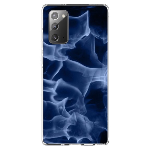 DistinctInk Clear Shockproof Hybrid Case for Samsung Galaxy Note 20 (6.7" Screen) - TPU Bumper, Acrylic Back, Tempered Glass Screen Protector - Blue Black Flame Fire - Printed Image of Fire