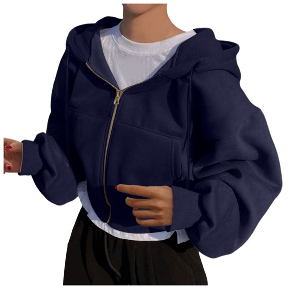 SXcggal Women Solid Hooded Sweatshirt Zipper Pocket Long Sleeve Hoodie Top Stylish Cozy Women's Hoodies