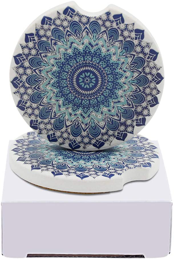 Mandala Ceramic Drink Coaster for Car Cup Holders,Car Accessories Decorations for Women Absorbent Car Coasters 2 Pack 