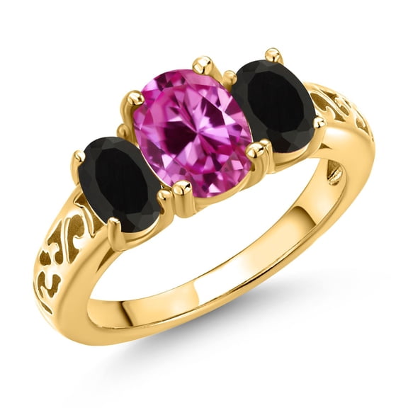Gem Stone King 18K Yellow Gold Plated Silver Pink Created Sapphire and Black Onyx Filigree Style 3 Stone Ring for Women (2.45 Cttw, Oval 8X6MM and 6X4MM) (Size 8)