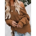 thumbnail image 3 of Asyoly Women's Waffle Knit Sweater V Neck Long Sleeve Ripped Distressed Pullover Solid Color Jumper Loose Knitwear Tops, 3 of 6