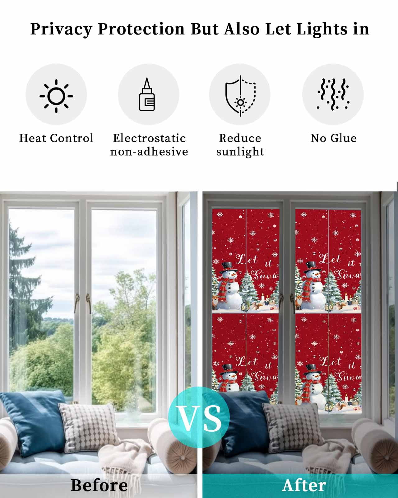Red Snowman Christmas Window Privacy Film Stained Glass Window Film Decorative Windows Cover Static Windows Cling for Glass Door Xmas Tree Snowflake Gifts Stickers for Bathroom 29.5"x118"