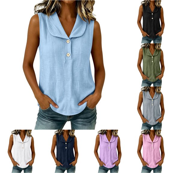 Ulitacool Summer T Shirts For Womens O Neck Solid Color Sleeveless Tank Tops Button Blouse Elegant Wear S Bu1