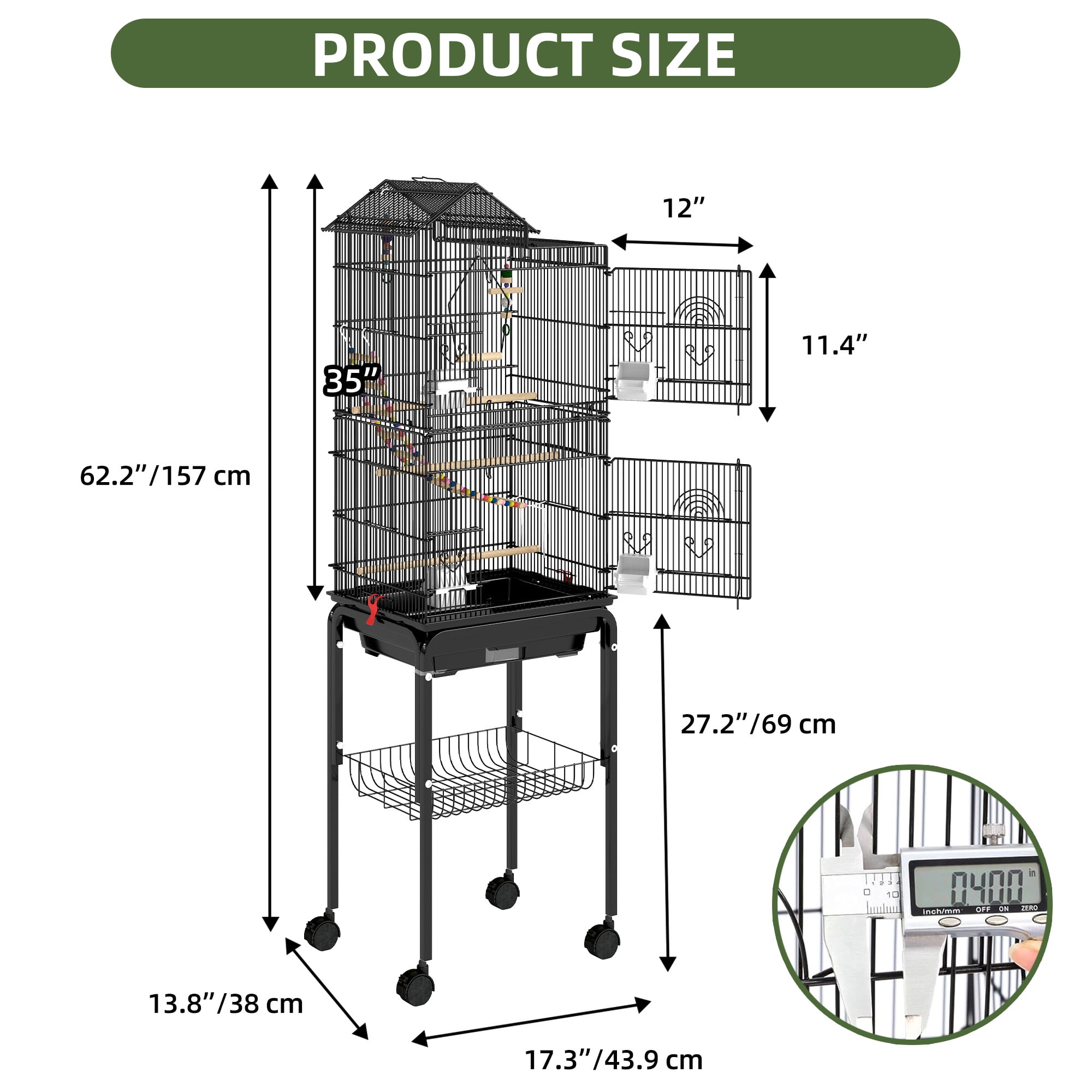 Uforic 62" Large Metal Bird cage with Rolling Stand, Slide-Out Tray,3 Perches and 4 Feeders, Black