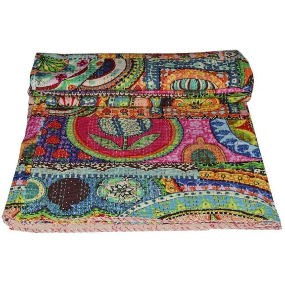 Yuvancrafts Indian Cotton Handmade Kantha Quilt Hand Block Print Twin Quilt 90x60in Multicolor