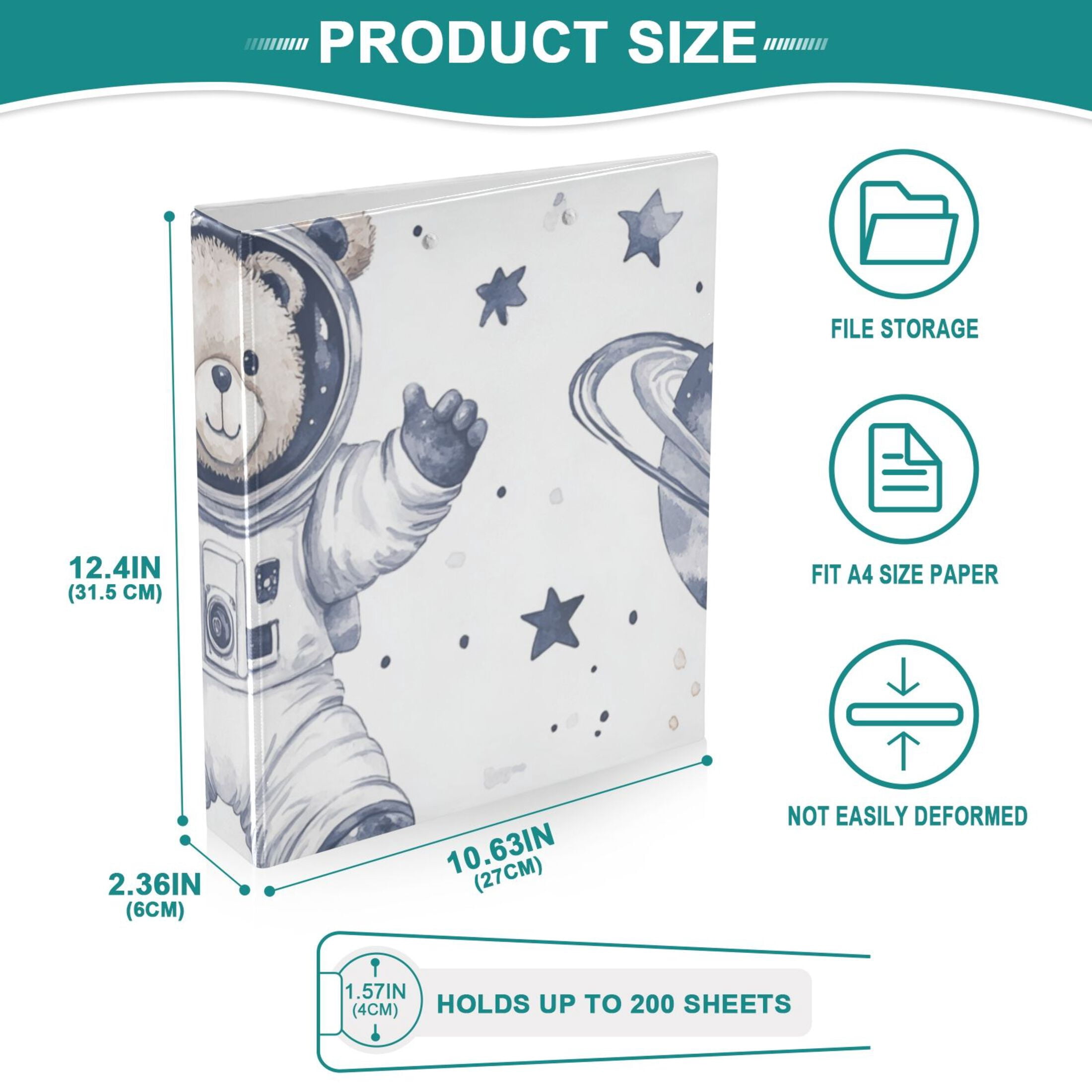 Bear Astronaut Stars Planet 3 Ring Binders 1.5 inch Hardcover File Folders with Interior Pockets A4 Size Organizer for School Office Hospital Set of 2