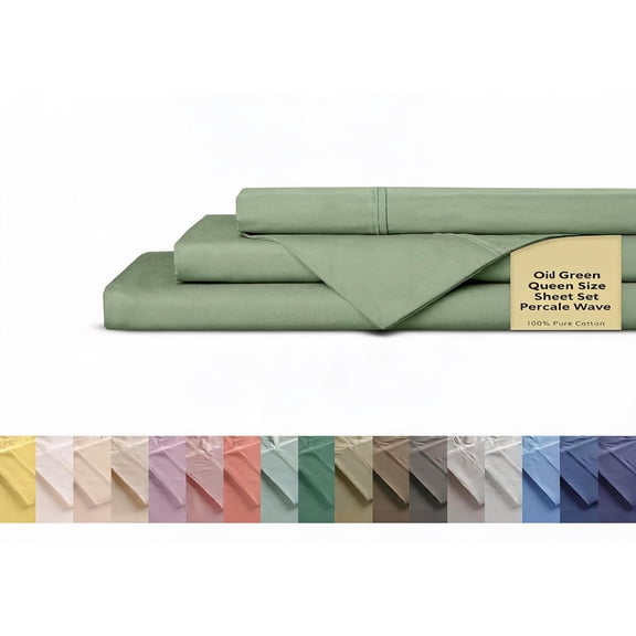 Cotton Percale Sheet Set Queen Size Oil Green Deep Pocket 4 Piece