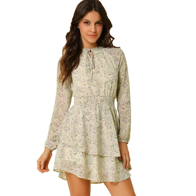 Unique Bargains Robe en Mousseline à Taille Smockée à Imprimé Floral Vintage pour Femme