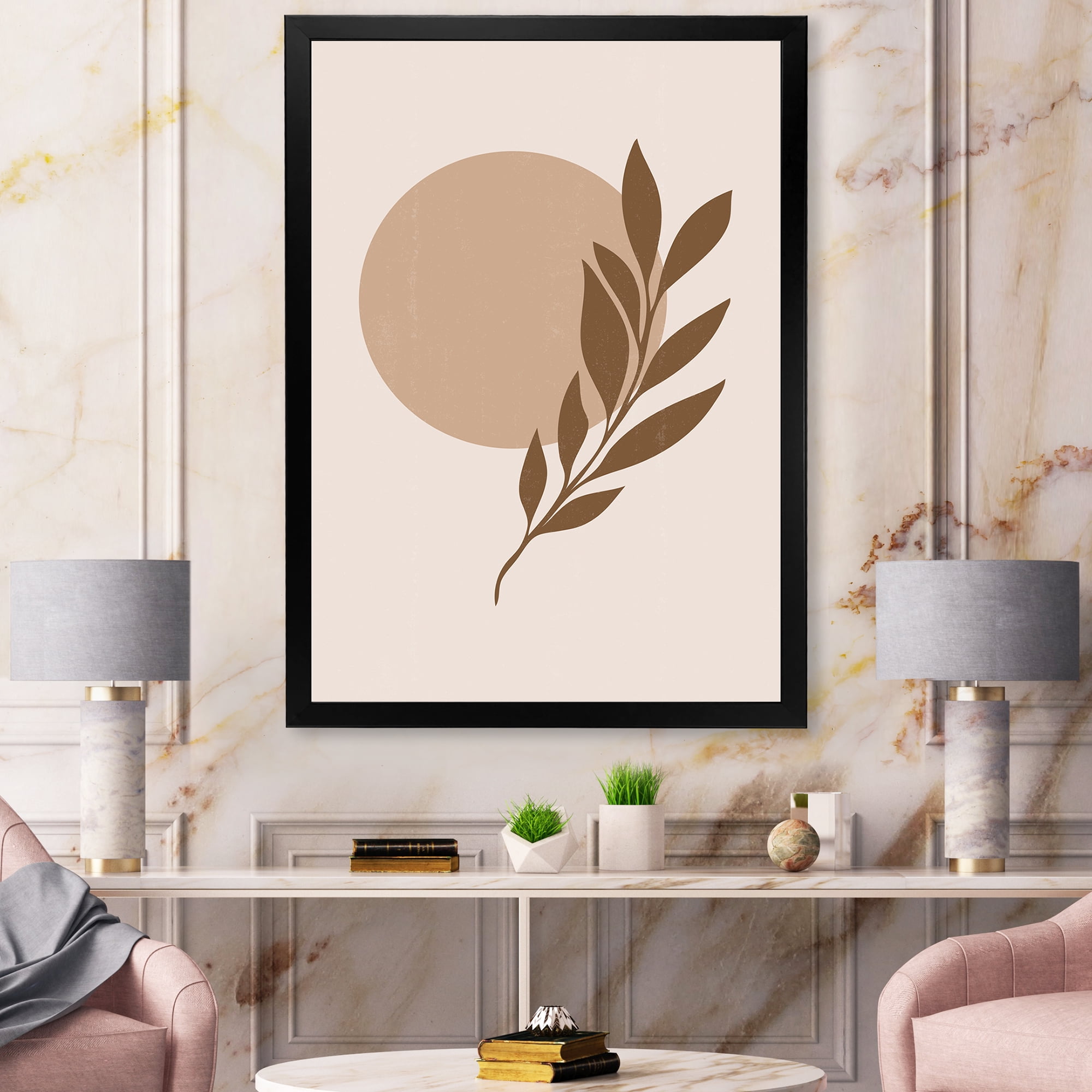 Designart 'Abstract Terracotta Moon and Sun With Tropical Leaf' Modern Framed Art Print