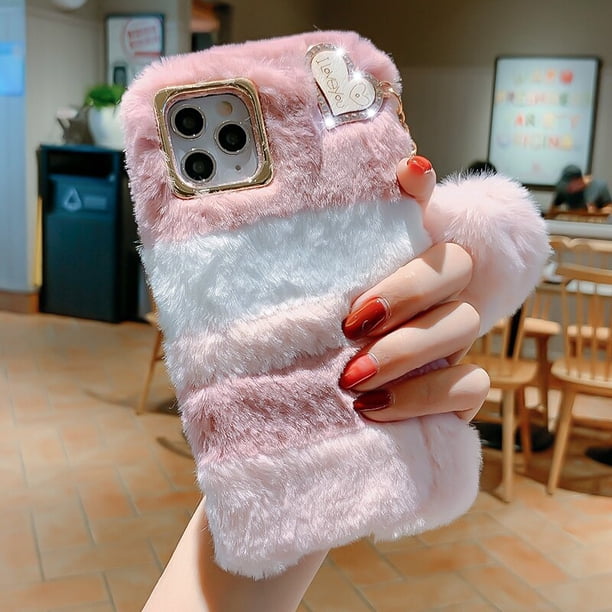 Funda de teléfono con colgante de amor de lujo para iPhone, 12 Pro Max, 14, 13, 11, X, XS, XR, 8, 7, 6, 6S Plus, SE, 2020, 5S, bonita, cálida, de felpa, de invierno Fivean unisex
