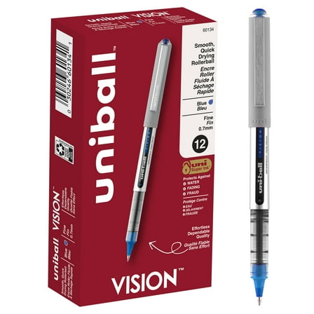 uniball Vision Rollerball Pens, Fine Point (0.7mm), Blue Ink, 12 Count