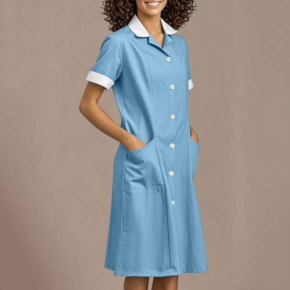 Tidyack,Hot Discounts,Nurse Lapel Dress, Solid Color Work Dress, Pockets + Button Splicing, Midi Length, For Healthcare Staff, Professional Work Attire, Cotton Blend, Clean Cut, Daily Uniform