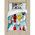 thumbnail image 1 of Lighthouse Twin Size Duvet Cover Set, Kids Coast with Sailboats Sun Rainbow Hot Air Balloon Clouds Playroom Cartoon, Decorative 2 Piece Bedding Set with 1 Pillow Sham, Multicolor, by Ambesonne, 1 of 3