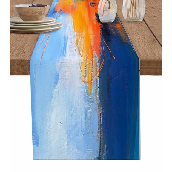 Ldtrchee Orange Blue Table Runner 90 Inches, Geometric Oil Painting Modern Abstract Bed Runner Dresser Scarves Tabletop for Indoor Outdoor Parties/Ceremony/Banquet, 13" x 90"