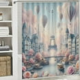 thumbnail image 5 of Shangniulu Pink Shower Curtain, Blush Tone Atmosphere Dreamy Paris with Flowers Balloons and Eiffel Tower, Cloth Fabric Bathroom Decor Set with Hooks, 5 of 6