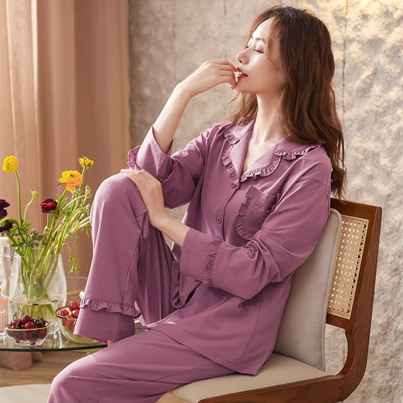 VOIANLIMO Nouvel Ensemble de Pyjama en Coton Mode Poches Mignon Doux Col Irrégulier Manches Longues Col à Revers Pyjama Couleur Unie Tenue d'Intérieur