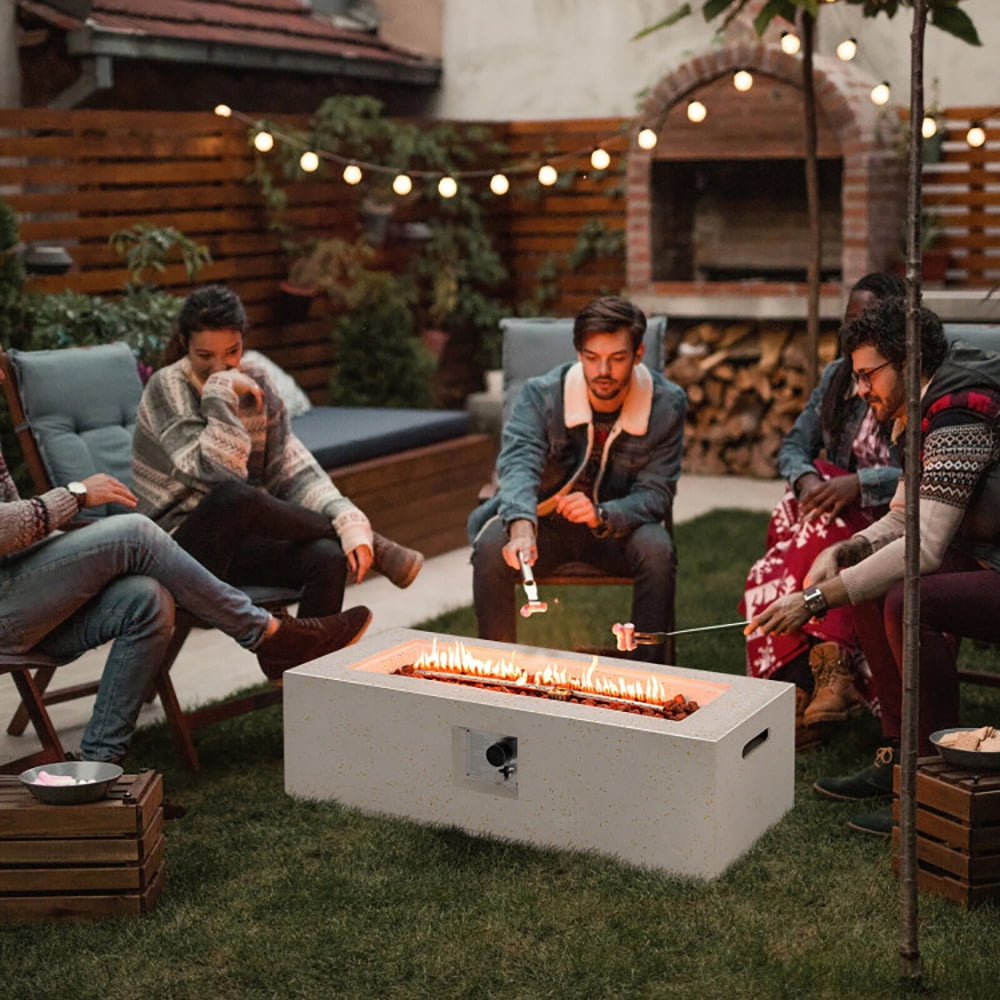 Barara King Fire Pit,Firebowl,42 Inch 50 000 BTU Rectangle Terrazzo Fire Pit Table with PVC Cover-White