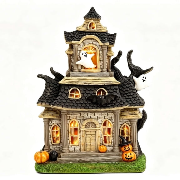 Resin Ghost House Figurine, Halloween Spooky Ghost Bat Pumpkin Castle Table Decor, Creepy House Statue Decor for Mantel Shelf Indoor Halloween Party Home Decoration Gift