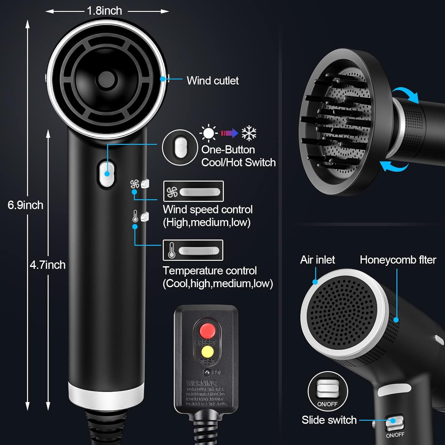 Hair Dryer, Ionic Blow Dryer with Diffuser, 1800W Hair Blow Dryer High-Speed Brushless Motor for Fast Drying, Auto-Cleaning, Constant Temperature, Hairdryer with 3 Heat & 3 Speed & Cold Settings