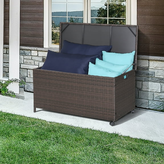 Gymax 50 Gallon Patio PE Wicker Storage Box Rattan Deck Bin w/ Waterproof Liner & Wheels