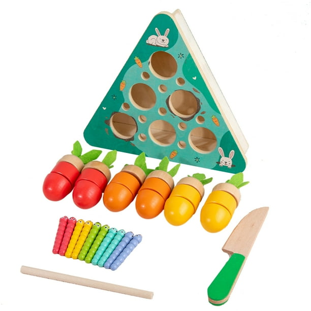 Muyoka Juguetes Montessori 3 en 1 para niños pequeños Zanahoria Cosecha en forma y tamaño Juego de captura de gusanos Juguete de madera sensorial Juego de habilidades motoras finas Bebé Preescolar Apr Muyoka Hogar