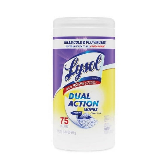 New LYSOL Brand Dual Action Disinfecting Wipes, 1-Ply, 7 x 7.5, Citrus, White/Purple, 75/Canister, 6 Canisters/Carton