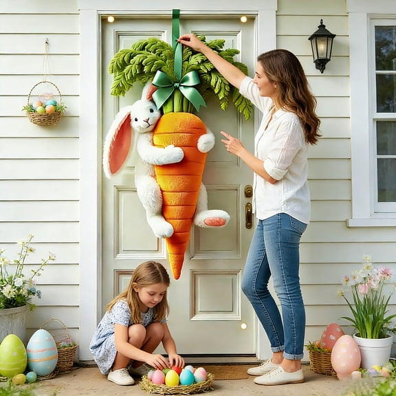 Easter Bunny Door Flag for Front Porch, 71x35 Inch Large Outdoor Easter Decor with Carrot Pattern, Garden Hanging Banner for Holiday Garden Entrance Perfect Easter Decorations Gifts, Home Decor,1Pc
