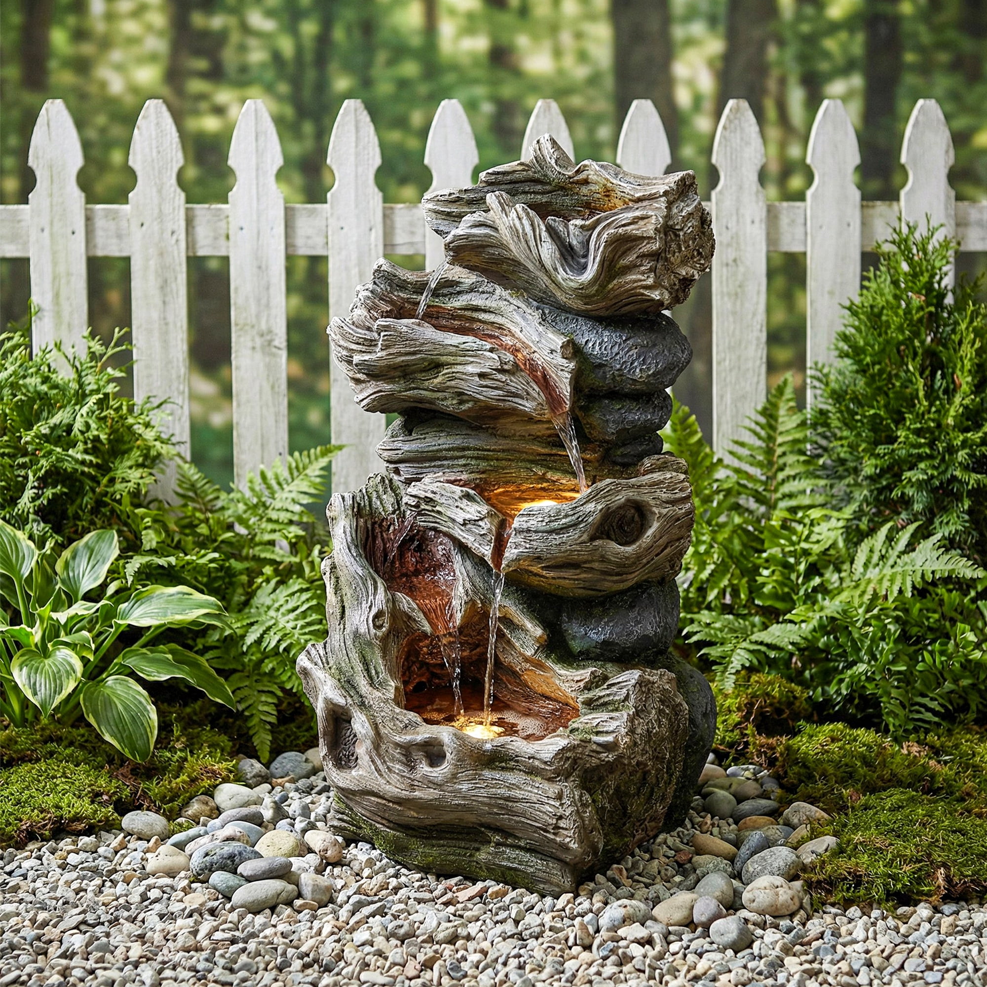 VBAL 30"H Outdoor Freestanding 5-Tier Cascading Rock Resin Water Fountain, Warm LED Light and Pump, Stone Imitation, Outdoor Water Feature for Garden, Patio, Yard, Deck, Porch, Lawn, Gray&White