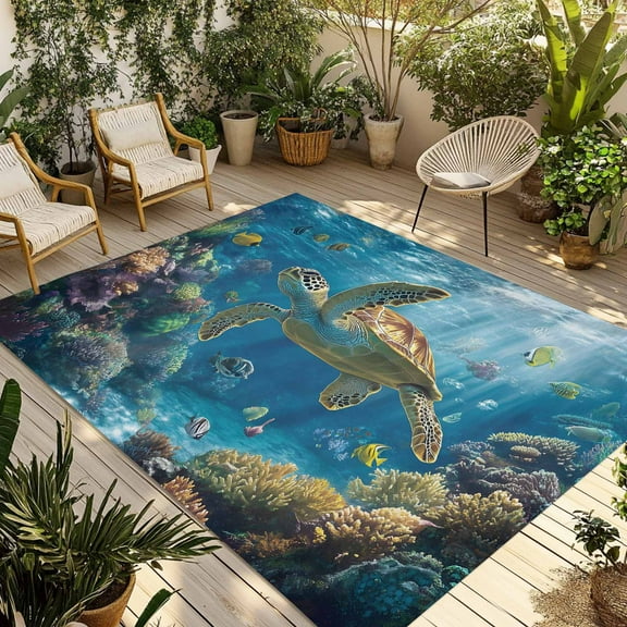 Fsddascl Coastal Turtle Outdoor Rug for Patio/Deck/Porch, Non-Slip Large Area Rug 6 x 9 Ft, Turquoise Tropical Ocean Animal Coral Indoor Outdoor Rugs Washable Area Rugs, Camping Rug Carpet