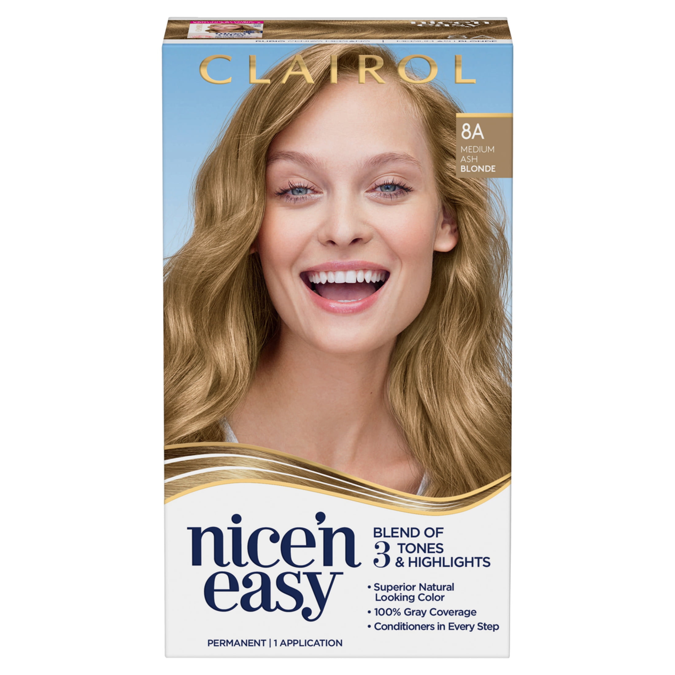 (3 pack) Clairol Nice'n Easy Permanent Hair Color Cream, 8A Medium Ash Blonde, Hair Dye, 1 Application
