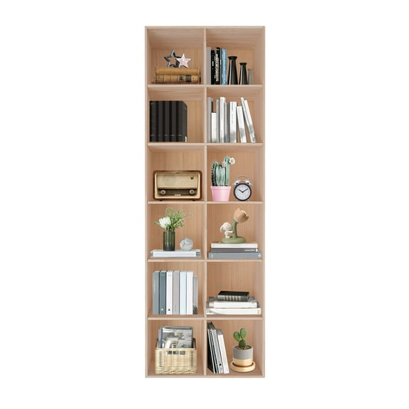 12 Storage Compartments Solid Wood Shelves,Wooden Cube Shelf Bookcase,Protective Covers,Modern Floorstanding Bookshelf for Home Study Rooms Office,70.87" x 11.81" x 23.62"