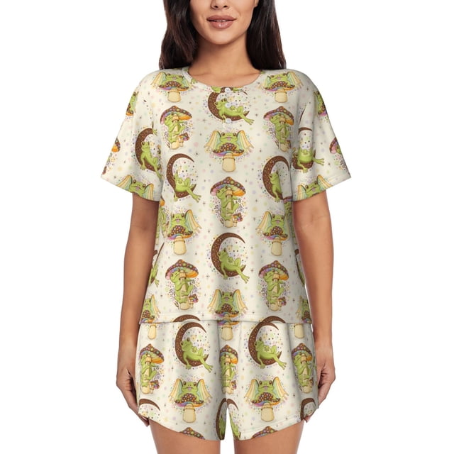 Fotbe Frogs Conjunto de Pijama Estampado para Mujer, 2 Piezas, Ropa de Dormir con Camiseta de Manga Corta y Shorts Suaves-Small