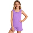 thumbnail image 2 of Kids Girls 2 Piece Short Set Floral Print Tiered Tank Top Shorts with Side Buttons Comfortable Summer Outfit Purple Size 7-8 Years, 2 of 7